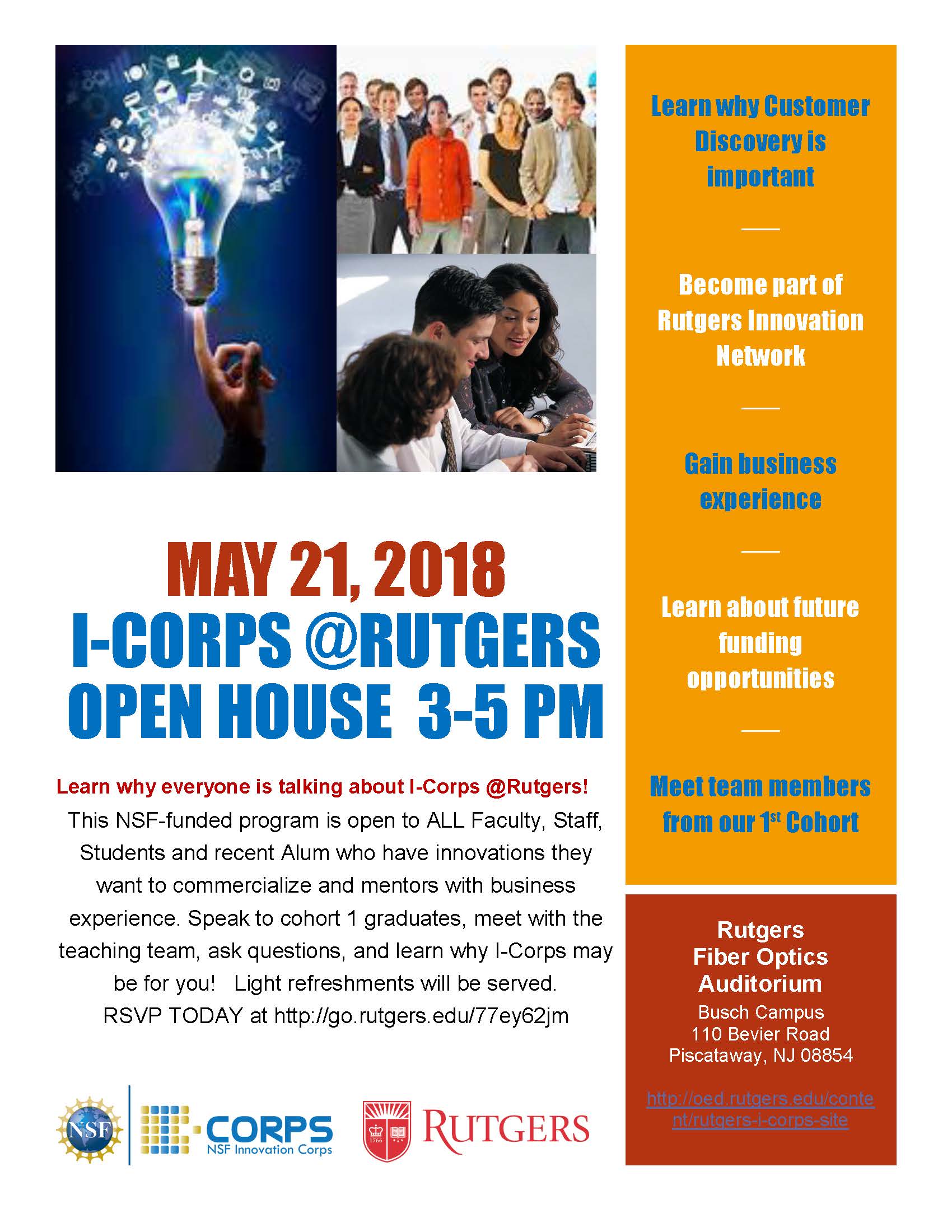 ICorps RUTGERS Open House May 21, 2018 3 to 5 PM EOHSI